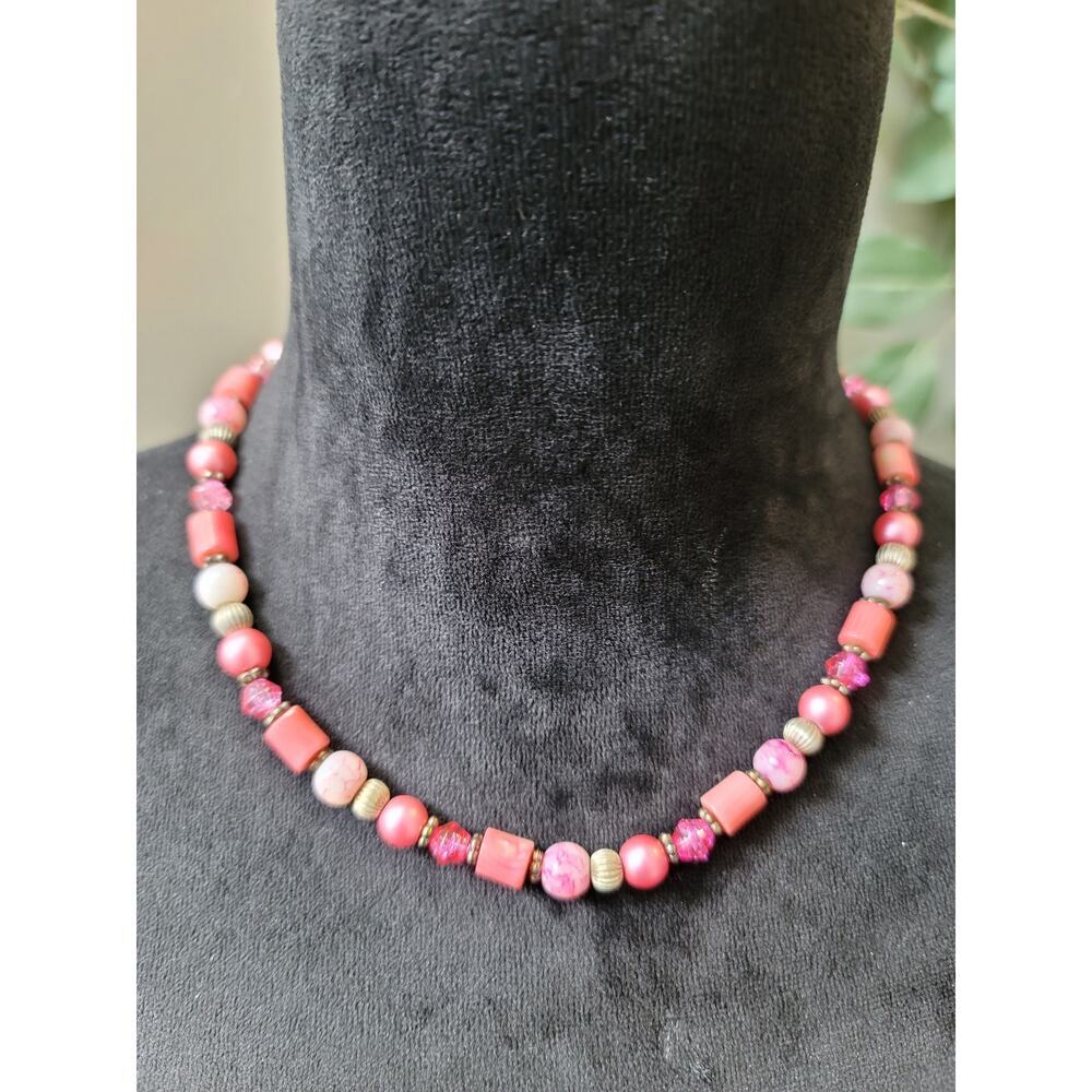 Women's Pink Beaded Necklace With Lobster Clasp Handmade Chunky Statement Style